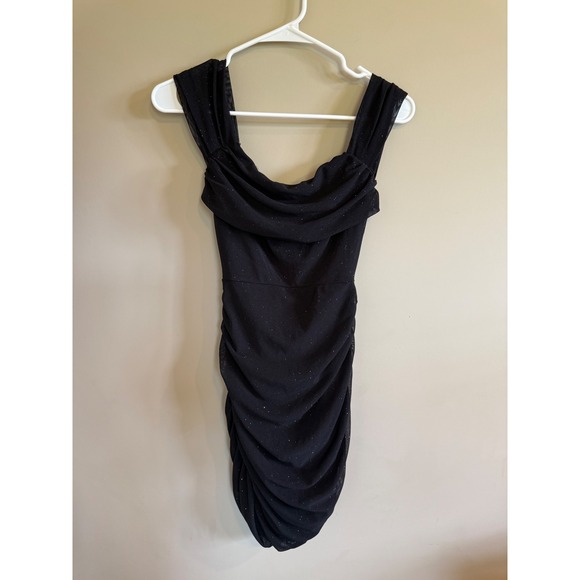 Sparkly Black Ruched Off Shoulder Bodycon Mini Dress Party Club Wear - Picture 1 of 3